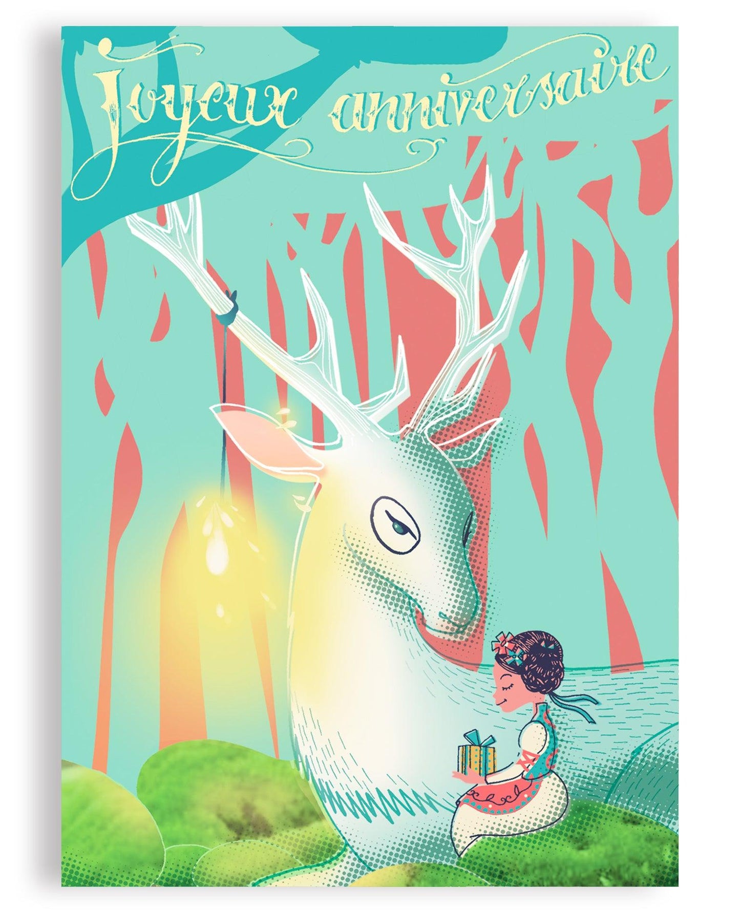 Carte double Joyeux anniversaire - Le cerf et l'enfant - Série Songes - PAPPUS EDITIONS