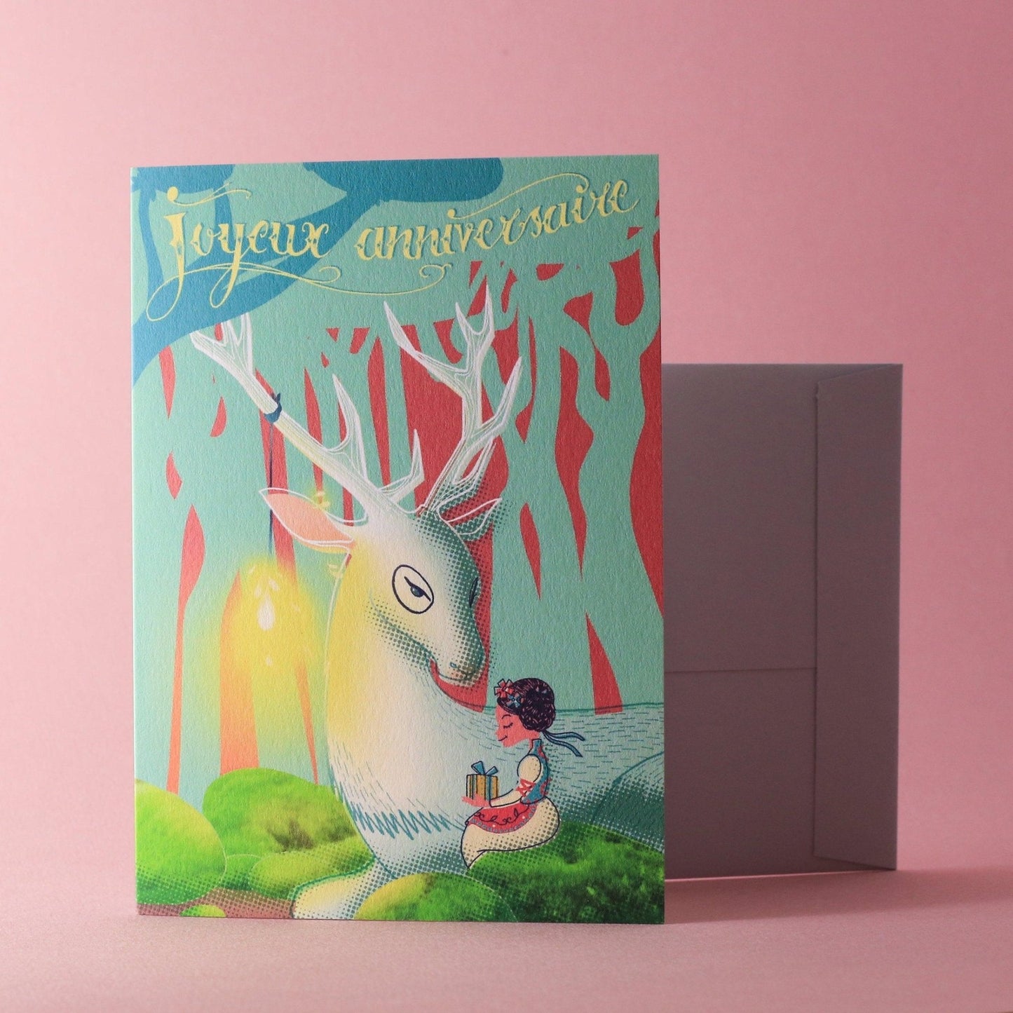 Carte double Joyeux anniversaire - Le cerf et l'enfant - Série Songes - PAPPUS EDITIONS