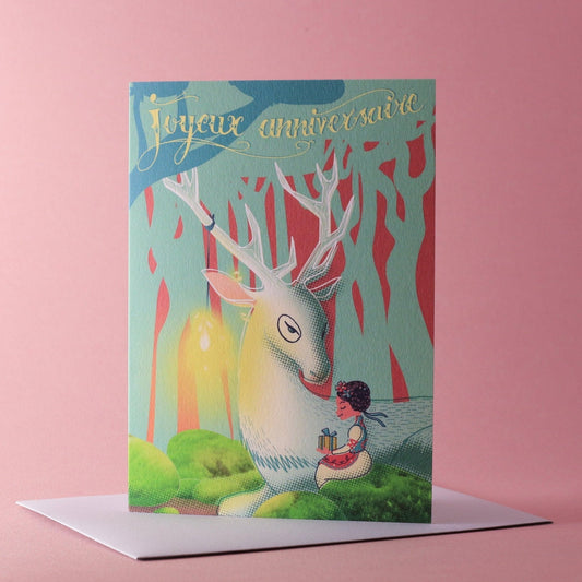 Carte double Joyeux anniversaire - Le cerf et l'enfant - Série Songes - PAPPUS EDITIONS