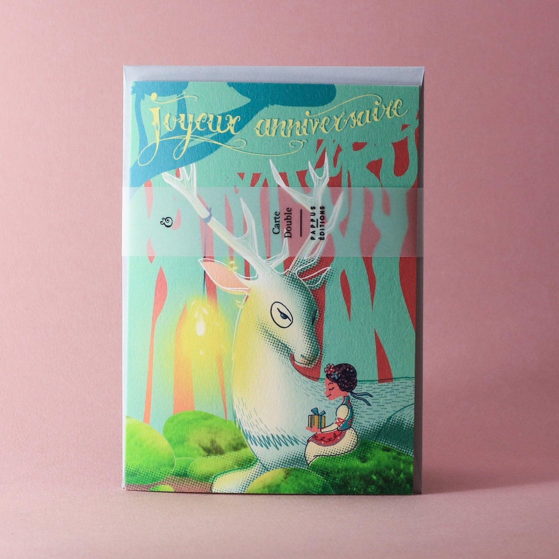 Carte double Joyeux anniversaire - Le cerf et l'enfant - Série Songes - PAPPUS EDITIONS