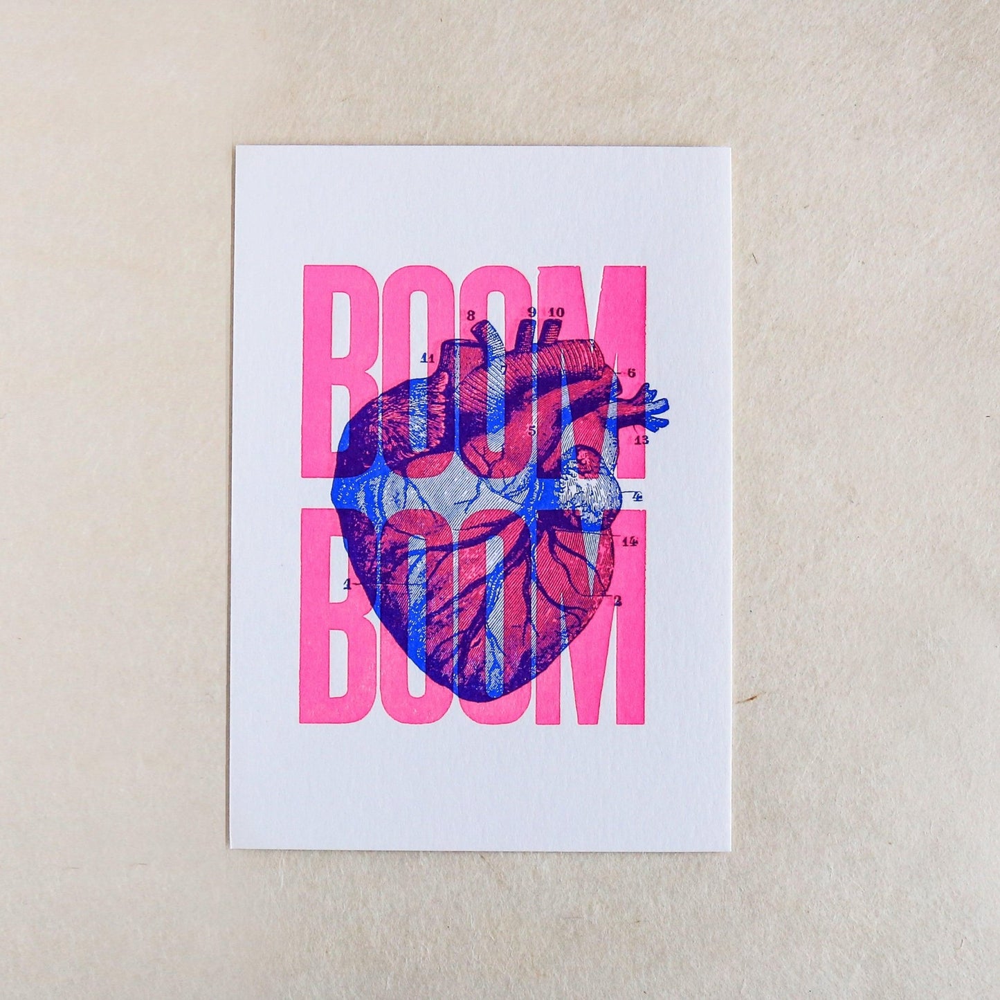 Carte letterpress Boom Boom rose fluo - PAPPUS EDITIONS