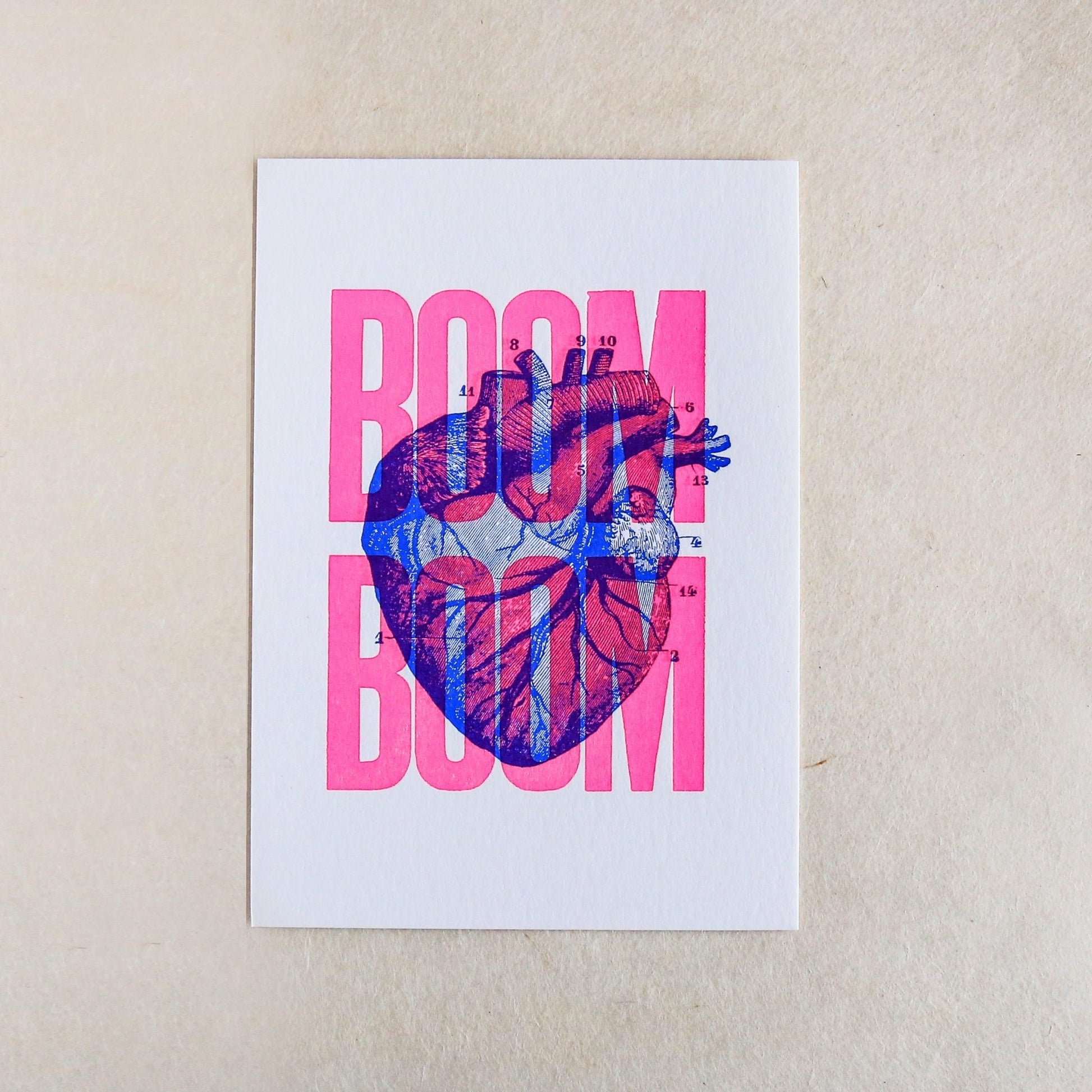 Carte letterpress Boom Boom rose fluo - PAPPUS EDITIONS