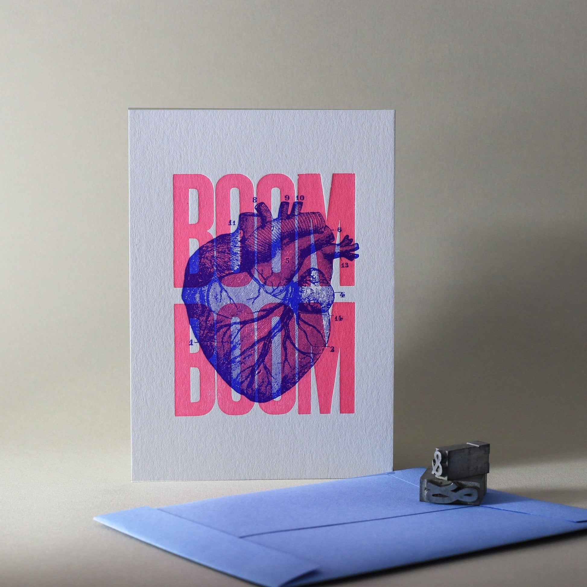 Carte letterpress Boom Boom rose fluo - PAPPUS EDITIONS