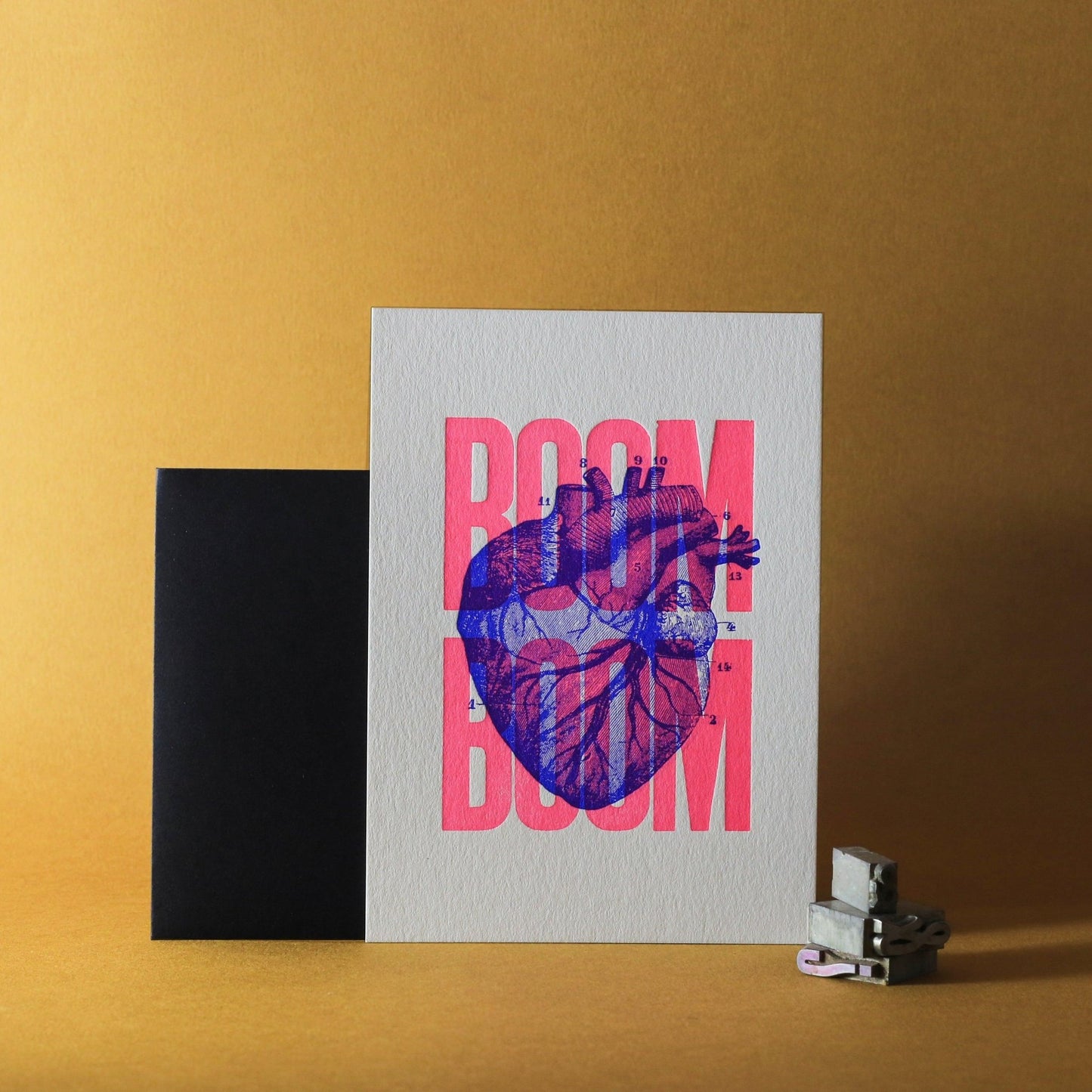 Carte letterpress Boom Boom rose fluo - PAPPUS EDITIONS