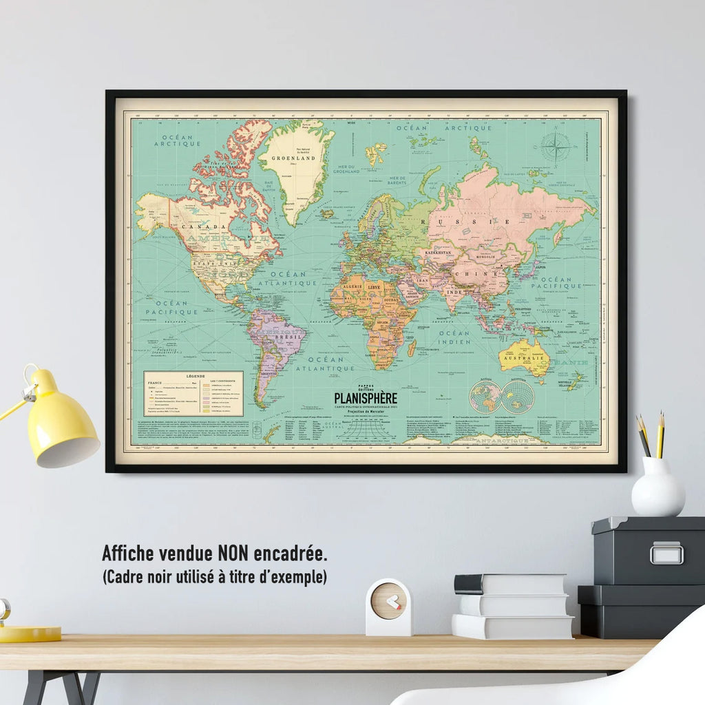 Affiche XXL Carte du monde 2022 style vintage (planisphère en Français) 120  cm x 90cm